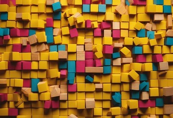 Different colorful shapes wooden blocks on yellow banner background Top view
