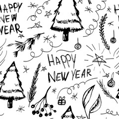 happy new year seamless vector pattern, holiday doodle print, pine tree with stars and branches, black and white