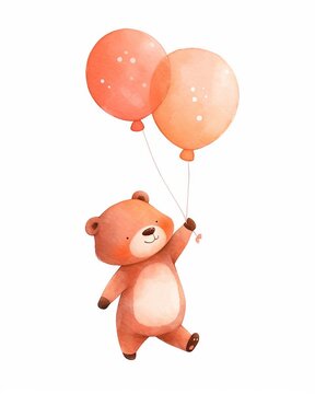 Cute bear on balloons illustration isolated on white, cute nursery cartoon character design.