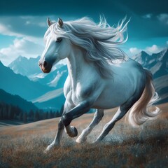 Obraz na płótnie Canvas beautiful white horse galloping in nature against the backdrop of blue mountains