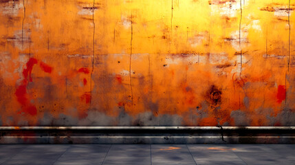 Man sitting on bench in front of wall with orange paint.