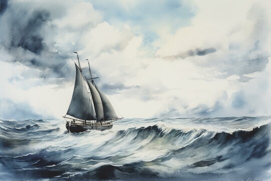 Watercolor painting of stormy seascape with sail yacht emphasizes waves and weather. Generative AI