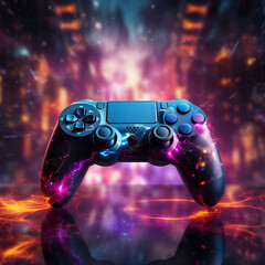 Videogame controller with neon lights futuristic city background