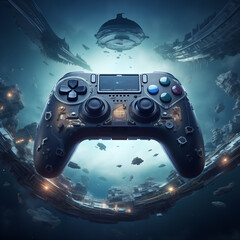 Epic gamer background with futuristic game controller - obrazy, fototapety, plakaty