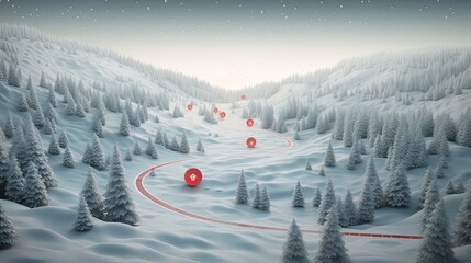 a winter road winding through a snow-covered forest, a red location pin into the composition, emphasizing a minimalist and modern style.