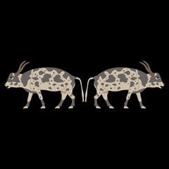 Symmetrical animal design with two spotted cows. Ethnic ancient Egyptian motif. On black background.