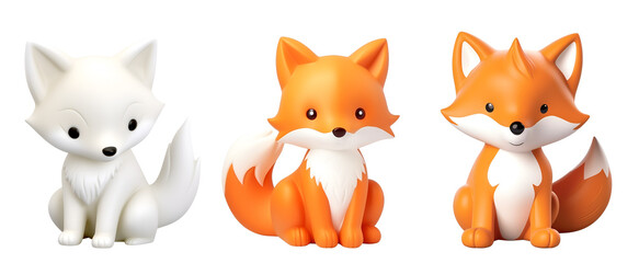 Children’s 3D Rendered Banner: A Set of Cute Foxes in White and Orange as Plastic Bath Toys, Isolated on Transparent Background, PNG
