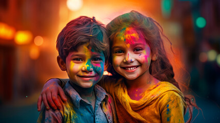 Obraz premium A boy and a girl with joyful faces at the celebration of the Holi festival. Traditions of the Holi Festival. The concept of celebrating Holi. 