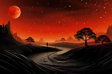 Papier Peint photo autocollant Rouge violet Fantasy alien planet. Surface of Mars. Red Planet. Mars. Mars Landscape. Fantasy Landscape with Silhouette of People and Big Moon. 2D illustration. Fantasy landscape.