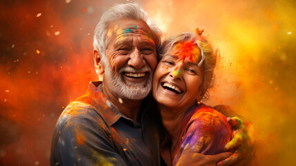 An elderly couple, a man and a woman, at the celebration of the Holi festival. Traditions of the Holya Festival. A bright colorful portrait of a married couple.