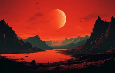Gordijnen Fantasy alien planet. Surface of Mars. Red Planet. Mars. Mars Landscape. Fantasy Landscape with Silhouette of People and Big Moon. 2D illustration. Fantasy landscape. © John Martin
