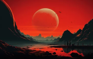 Papier Peint photo Rouge 2 Fantasy alien planet. Surface of Mars. Red Planet. Mars. Mars Landscape. Fantasy Landscape with Silhouette of People and Big Moon. 2D illustration. Fantasy landscape.