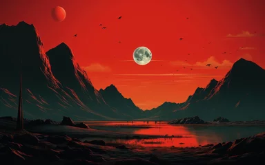 Photo sur Aluminium Rouge 2 Fantasy alien planet. Surface of Mars. Red Planet. Mars. Mars Landscape. Fantasy Landscape with Silhouette of People and Big Moon. 2D illustration. Fantasy landscape.