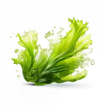 Green  Seaweed algae ulva lactuca with bubbles  isolated on a white background.
