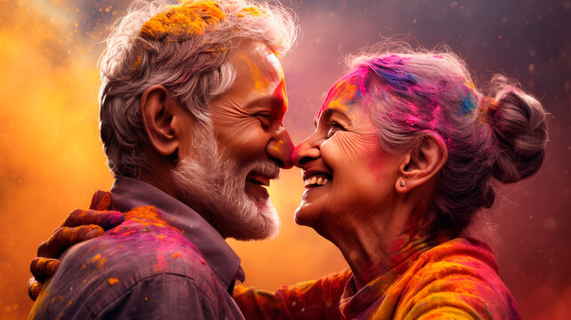 An elderly couple, a man and a woman, at the celebration of the Holi festival. Traditions of the Holya Festival. A bright colorful portrait of a married couple. 