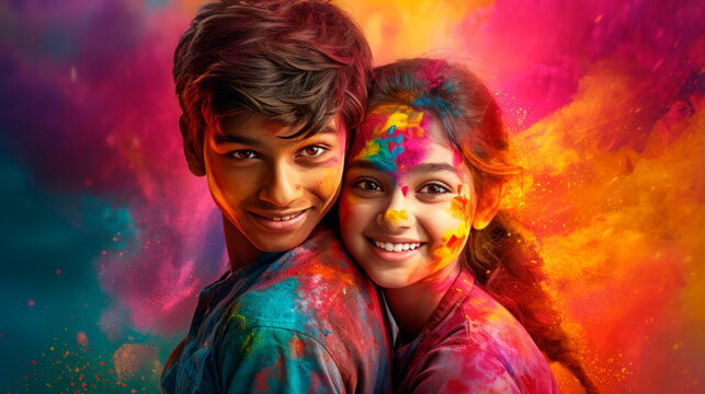 A young couple of a guy and a girl at the celebration of the Holi festival. Traditions of the Holya Festival. A bright colorful portrait of a young couple.