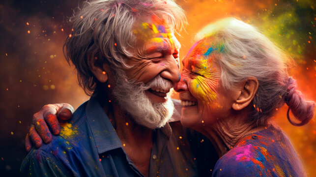 An elderly couple, a man and a woman, at the celebration of the Holi festival. Traditions of the Holya Festival. A bright colorful portrait of a married couple. 