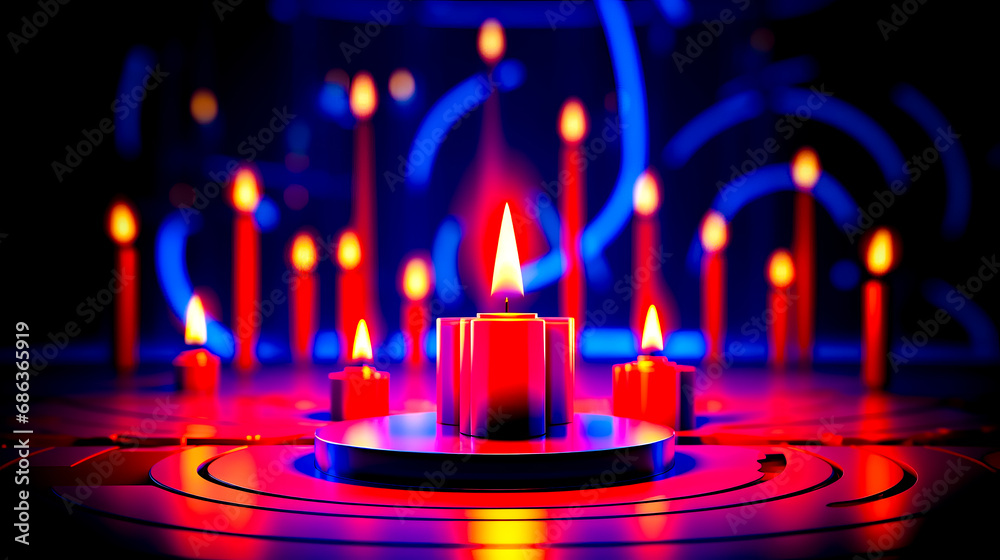 Wall mural Lit candle sitting on top of turntable surrounded by red candles.