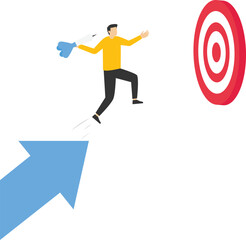 Successful business target achievement concept, achieve target and goal concept, hold graphic arrow up and jump on target bullseye to win in business strategy, businessman leader.

