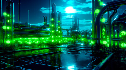 Futuristic city with lot of pipes and lot of green lights.