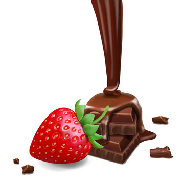Chocolate pieces and strawberry. Realistic liquid chocolate flow and red berry. Vector illustration 3d