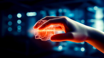 Person's hand holding glowing object in front of blurry background.