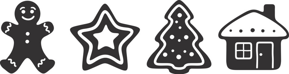 Christmas gingerbread cookies. Set of black silhouettes of gingerbread cookies isolated on a white background. Vector illustration