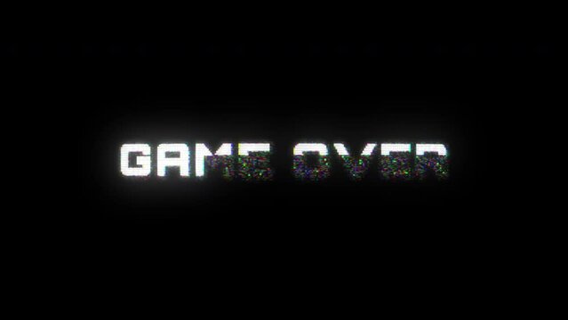 Looping GAME OVER animation with glitch effect on black background. Video game style GAME OVER