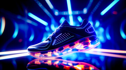Close up of pair of shoes with neon lights in the background. - obrazy, fototapety, plakaty