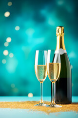 Two glasses with sparkling bubbles and a luxury bottle on a glittering table, teal bokeh background. Festive background with a bottle of champagne and two elegant glasses filled with sparkling wine