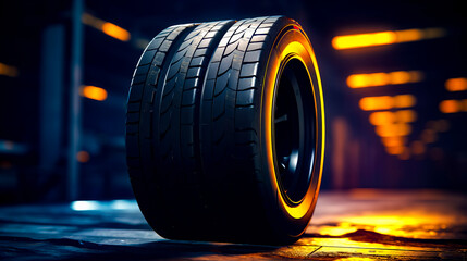 Close up of tire on the ground with lights in the background.