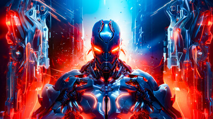 Man in futuristic suit with glowing eyes and red light behind him.