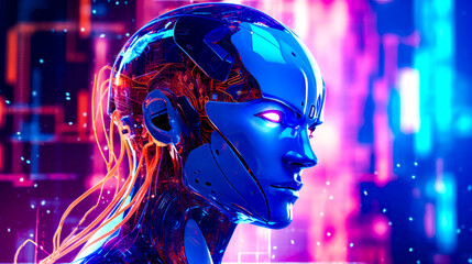 Blue robot with glowing red eyes and glowing face is in front of pink and blue background.