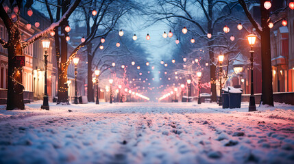 Snowy winter city street with Christmas tree decorations, garlands and lanterns in the evening....