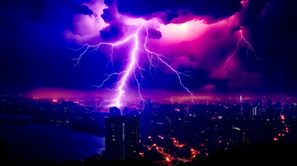 Lightning storm over city at night with large amount of lightning in the sky.