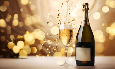Festive greeting card with bottle of champagne and a flute glass of sparkling wine against warm bokeh background, copy space. New Year and Christmas banner. Celebration mood with bubbly champagne