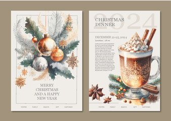 Merry Christmas and Happy New Year 2024, Watercolor Posters, Menu or Invitation card for Print. Editable vector files with Festive Watercolor objects. A Cozy and Warm feeling for the Holidays.