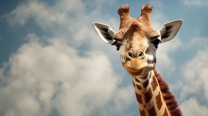  a close up of a giraffe standing in front of a sky background with a sky background and a giraffe in the foreground and a giraffe in the foreground.