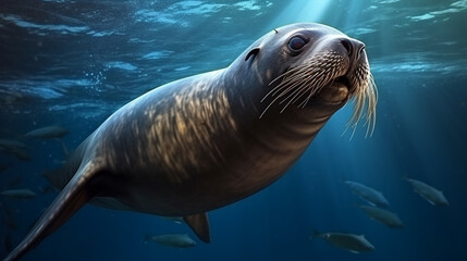 A beautiful sea lion seal enjoying the rays of the sun. Sea lion swimming underwater. generative ai