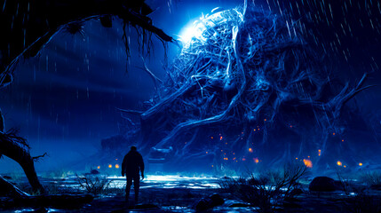 Man standing in front of giant creature in dark forest at night.