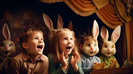 Children at an Easter-themed puppet show watching with excitement and wonder. - obrazy, fototapety, plakaty