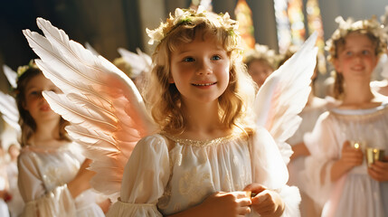 Children dressed as angels participating in an Easter pageant at a local church. - obrazy, fototapety, plakaty