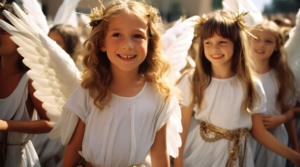 Children dressed as angels participating in an Easter pageant at a local church. - obrazy, fototapety, plakaty