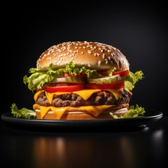 Cheeseburger isolated on a dark background.