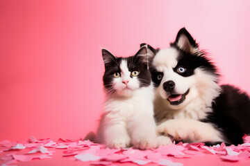 Portrait of a kitten and a Siberian Husky puppy on a pink background with hearts taking a selfie for Valentine's day.