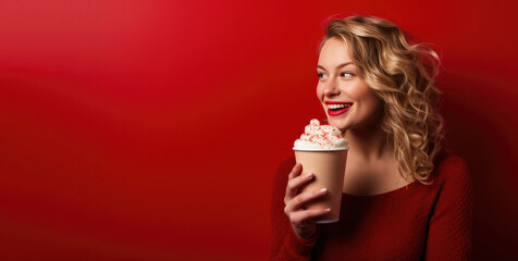 Woman Drinking a Hot Chocolate/Mocha on a Red Background with Space for Copy