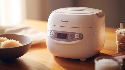 A sleek and compact rice cooker preparing fluffy rice with the push of a button. - obrazy, fototapety, plakaty