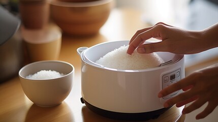 A sleek and compact rice cooker preparing fluffy rice with the push of a button. - obrazy, fototapety, plakaty
