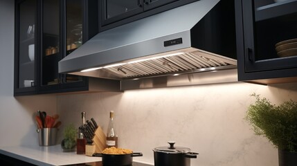A sleek and modern range hood above a stovetop, efficiently ventilating cooking odors from the kitchen.
