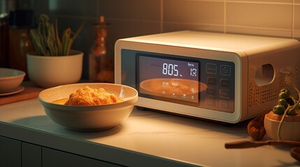 A modern microwave with a digital display, heating a bowl of delicious homemade soup.